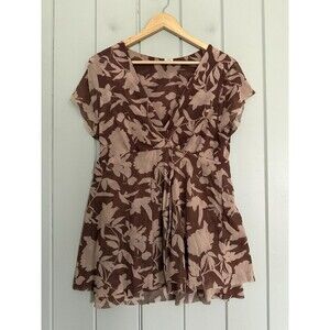 Y2K Sweet Pea Top 2XL Brown Mesh Short Sleeves V-Neck Brown Empire Waist